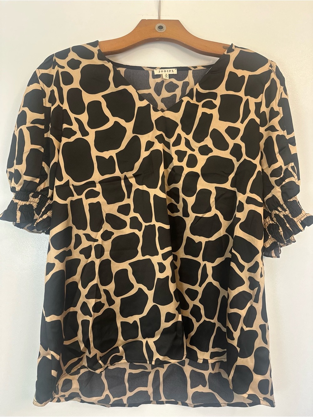 JODIFL Black & Tan Animal-Print V-Neck Blouse
